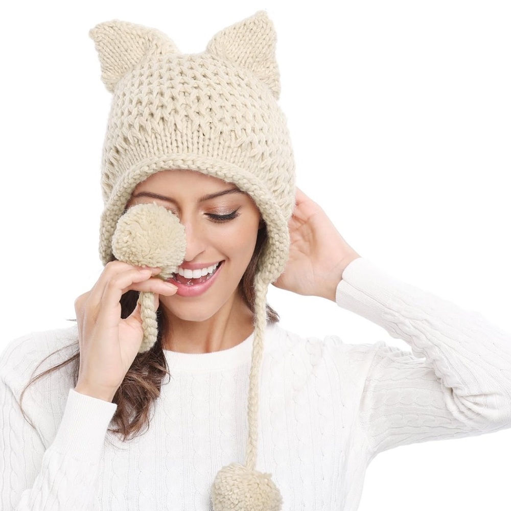 Bellady Winter Cute Cat Ears Knit Hat Ear Flap Crochet Beanie Hat
